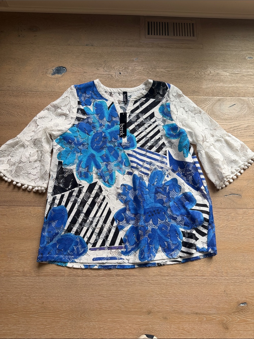 Berek Blue Floral Lace Top | Bell Sleeve Blouse with Pom-Pom Trim | NWT